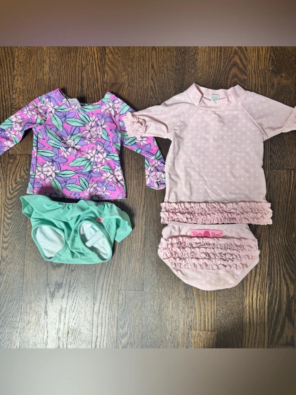 Ruffle butts floral pink dots long sleeve rashguard two piece swim suits - Picture 1 of 2